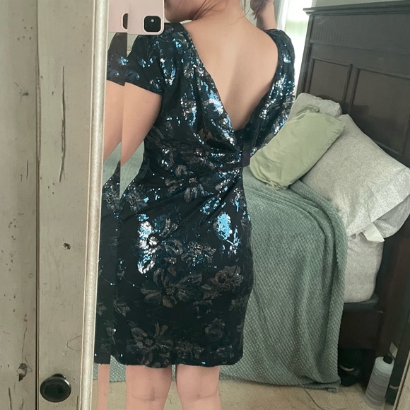 Calvin Klein Blue Floral Sequin Dress With Cowl Back Detail - Picture 13 of 14
